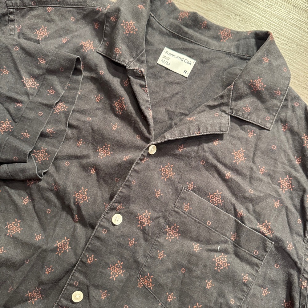Frank And Oak Shirt Men M Black Geometric Hemp Organic Cotton Camp Collar Resort